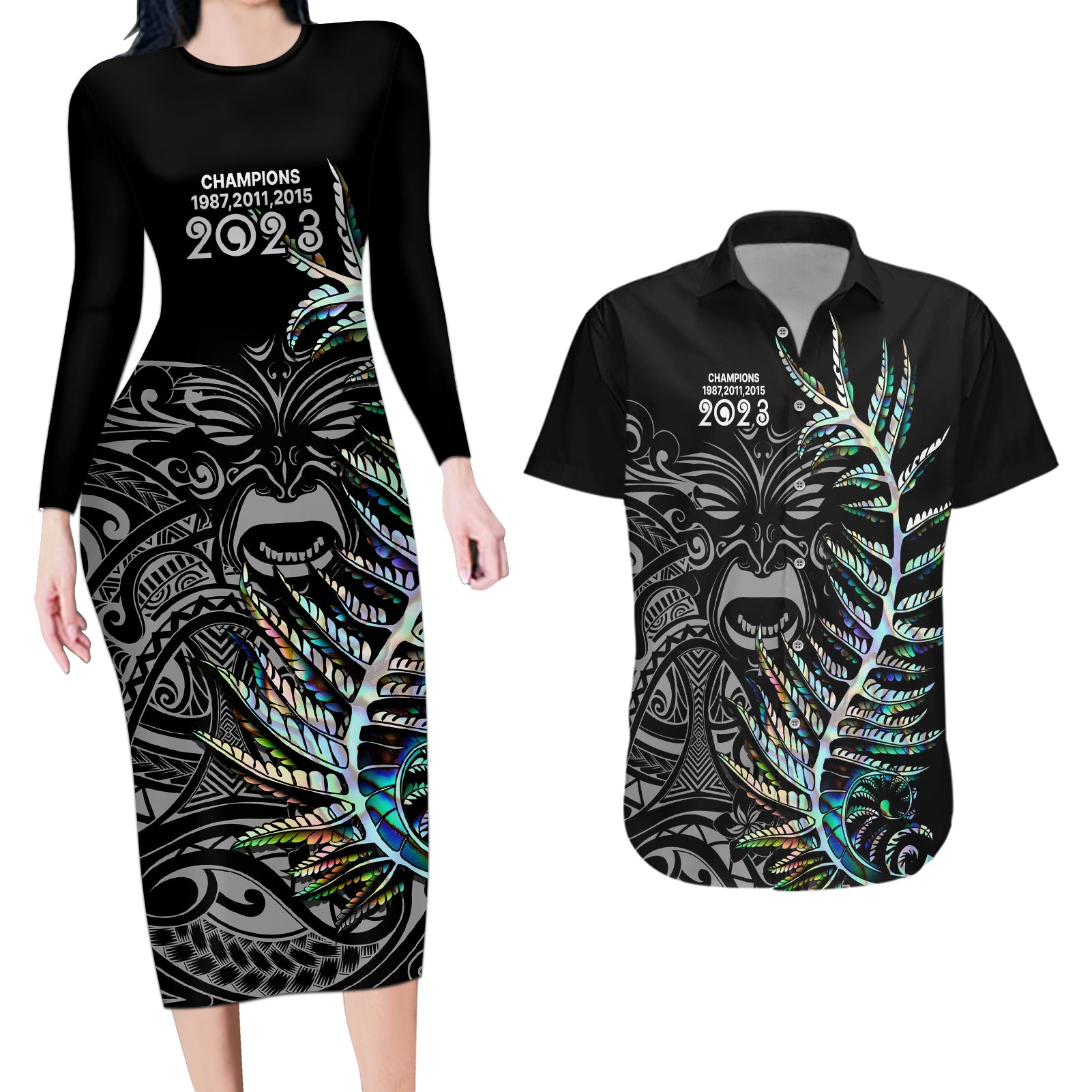 new-zealand-rugby-couples-matching-long-sleeve-bodycon-dress-and-hawaiian-shirt-nz-black-fern-champions-history-with-papua-shell