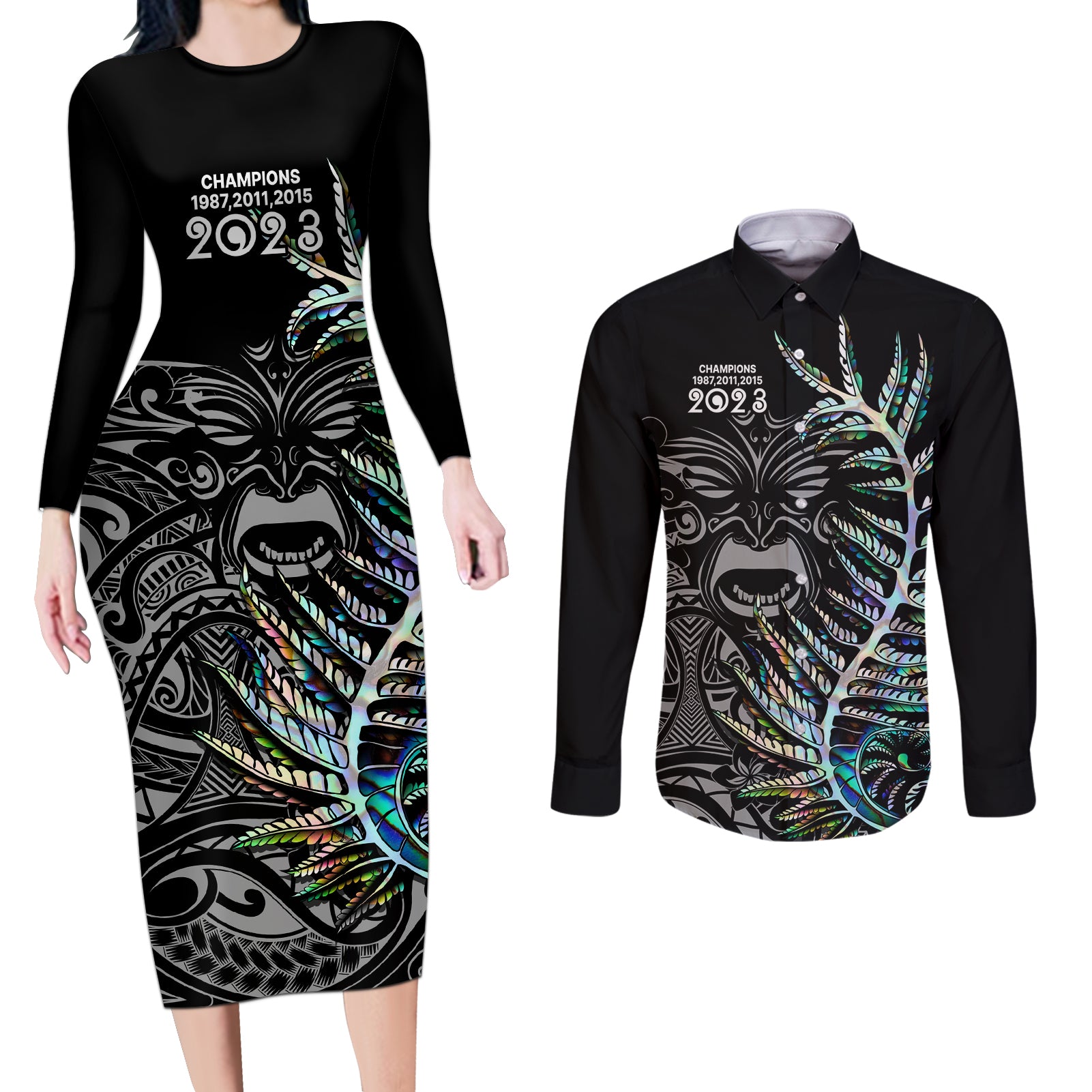 new-zealand-rugby-couples-matching-long-sleeve-bodycon-dress-and-long-sleeve-button-shirt-nz-black-fern-champions-history-with-papua-shell