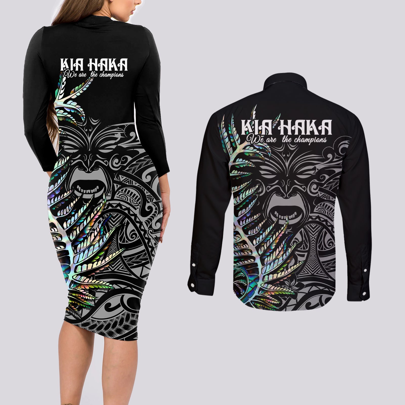 new-zealand-rugby-couples-matching-long-sleeve-bodycon-dress-and-long-sleeve-button-shirt-nz-black-fern-champions-history-with-papua-shell
