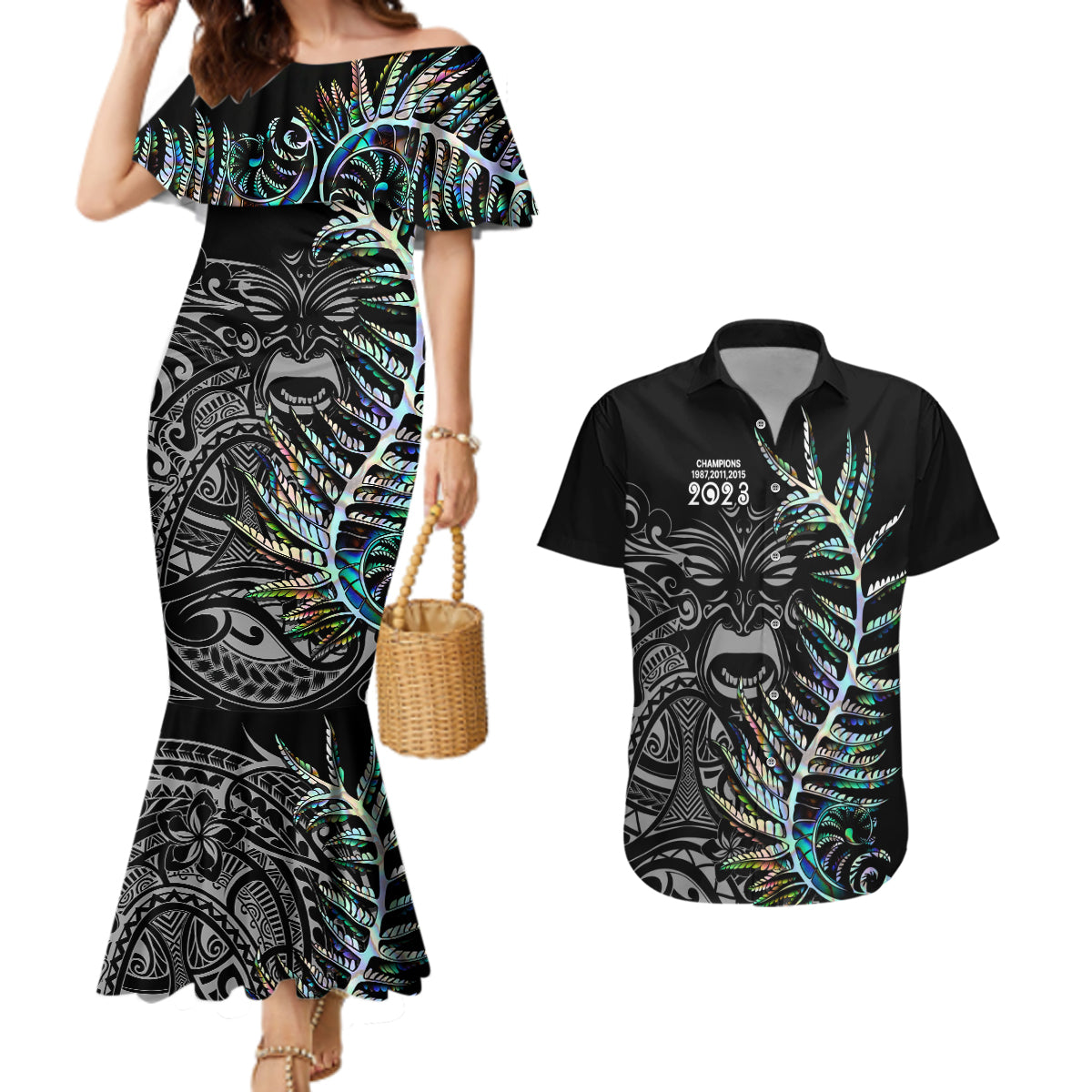 new-zealand-rugby-couples-matching-mermaid-dress-and-hawaiian-shirt-nz-black-fern-champions-history-with-papua-shell
