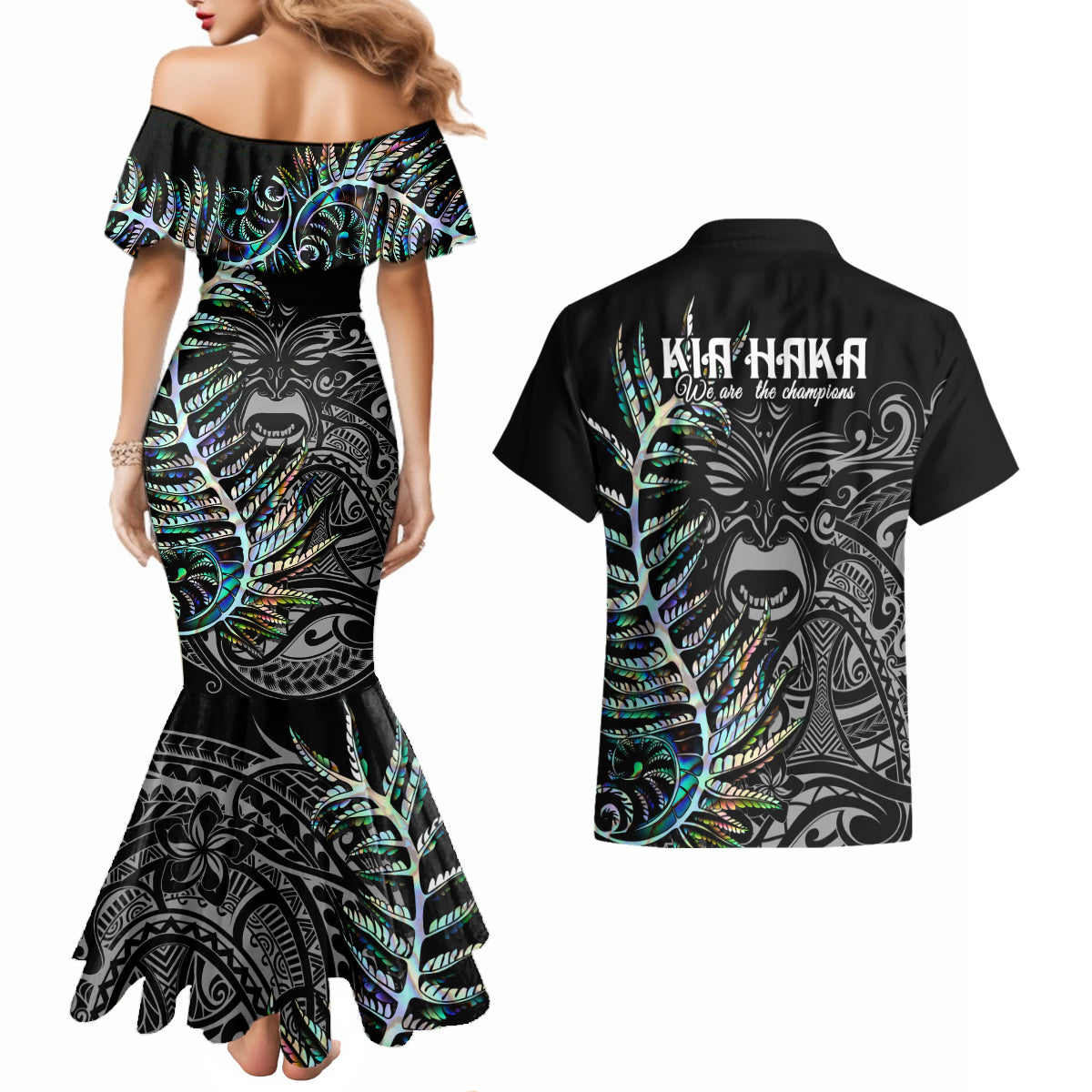 new-zealand-rugby-couples-matching-mermaid-dress-and-hawaiian-shirt-nz-black-fern-champions-history-with-papua-shell