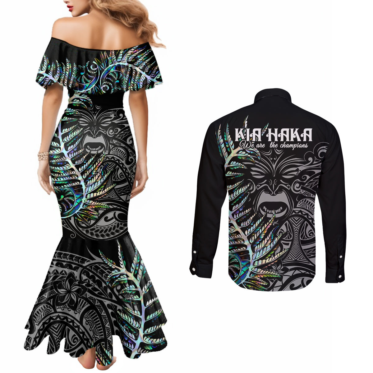 new-zealand-rugby-couples-matching-mermaid-dress-and-long-sleeve-button-shirt-nz-black-fern-champions-history-with-papua-shell