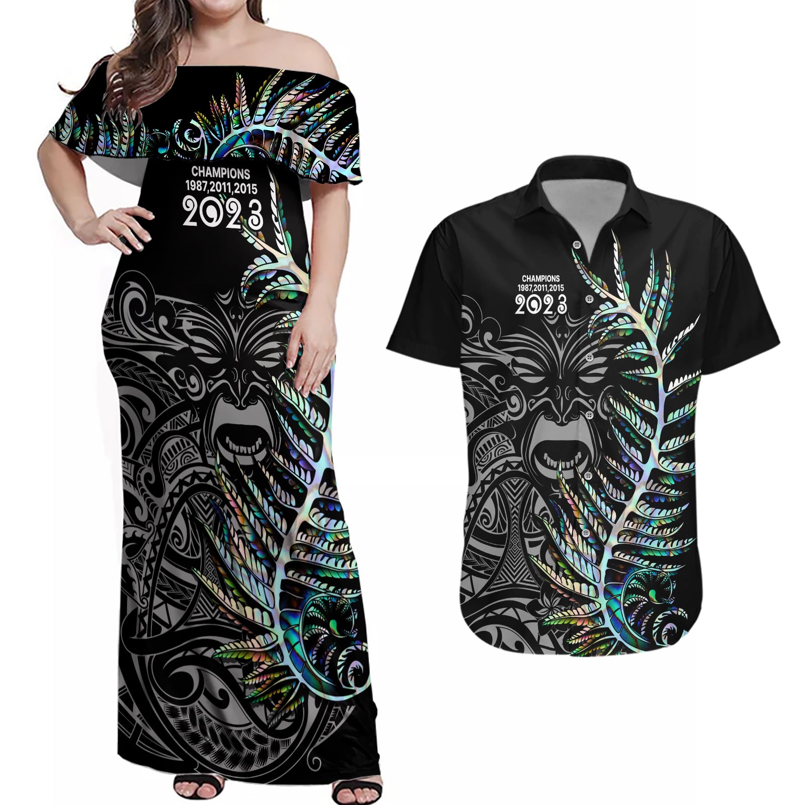 new-zealand-rugby-couples-matching-off-shoulder-maxi-dress-and-hawaiian-shirt-nz-black-fern-champions-history-with-papua-shell