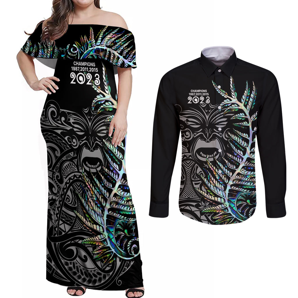 new-zealand-rugby-couples-matching-off-shoulder-maxi-dress-and-long-sleeve-button-shirt-nz-black-fern-champions-history-with-papua-shell