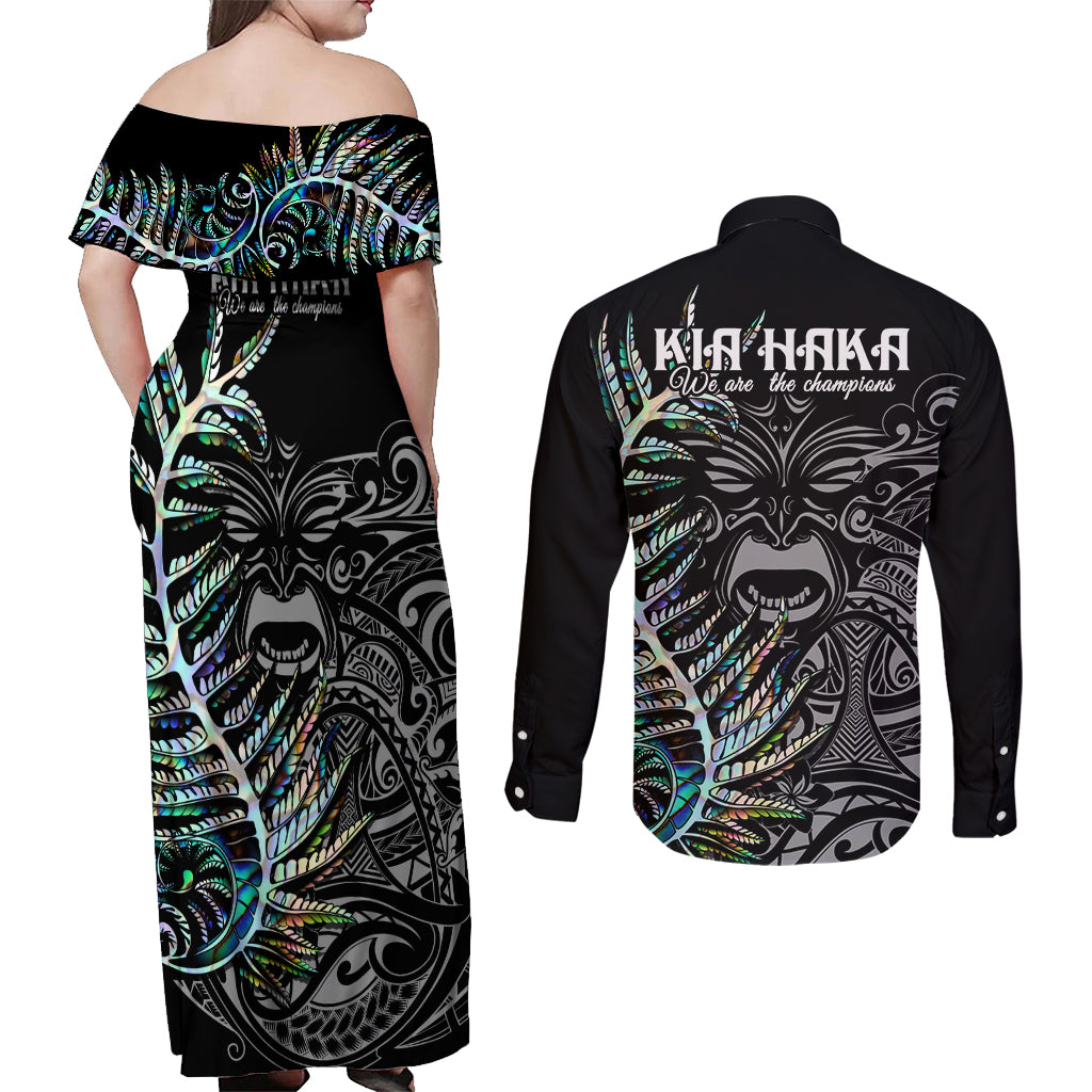 new-zealand-rugby-couples-matching-off-shoulder-maxi-dress-and-long-sleeve-button-shirt-nz-black-fern-champions-history-with-papua-shell