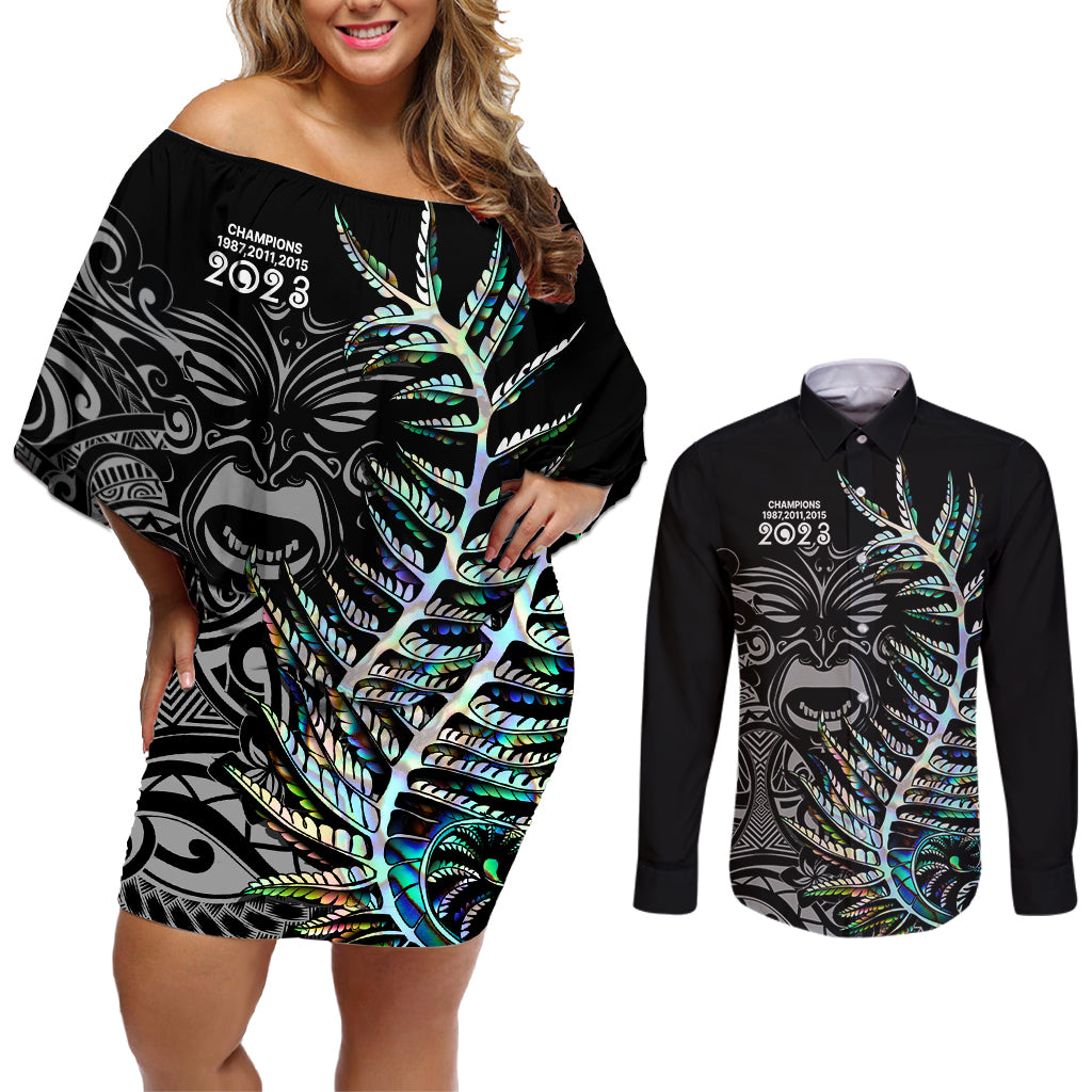 new-zealand-rugby-couples-matching-off-shoulder-short-dress-and-long-sleeve-button-shirt-nz-black-fern-champions-history-with-papua-shell