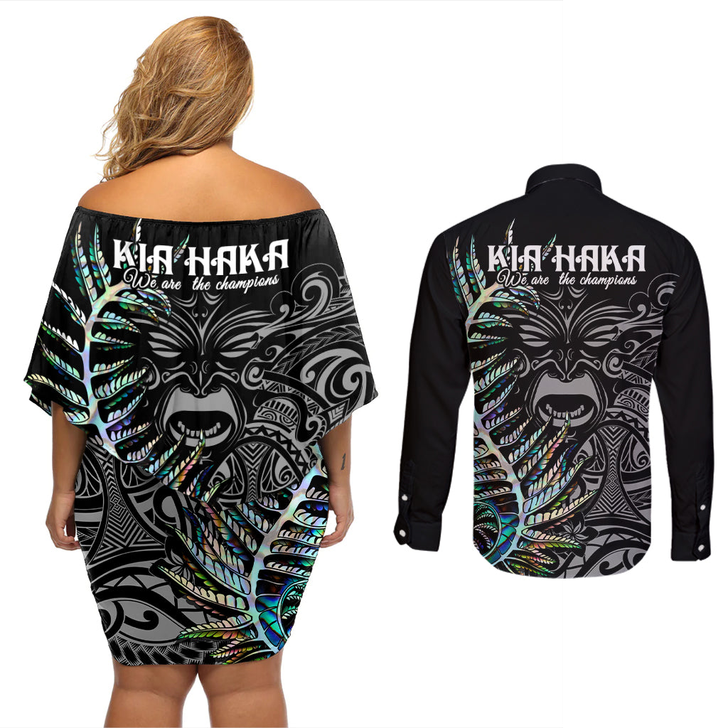 new-zealand-rugby-couples-matching-off-shoulder-short-dress-and-long-sleeve-button-shirt-nz-black-fern-champions-history-with-papua-shell