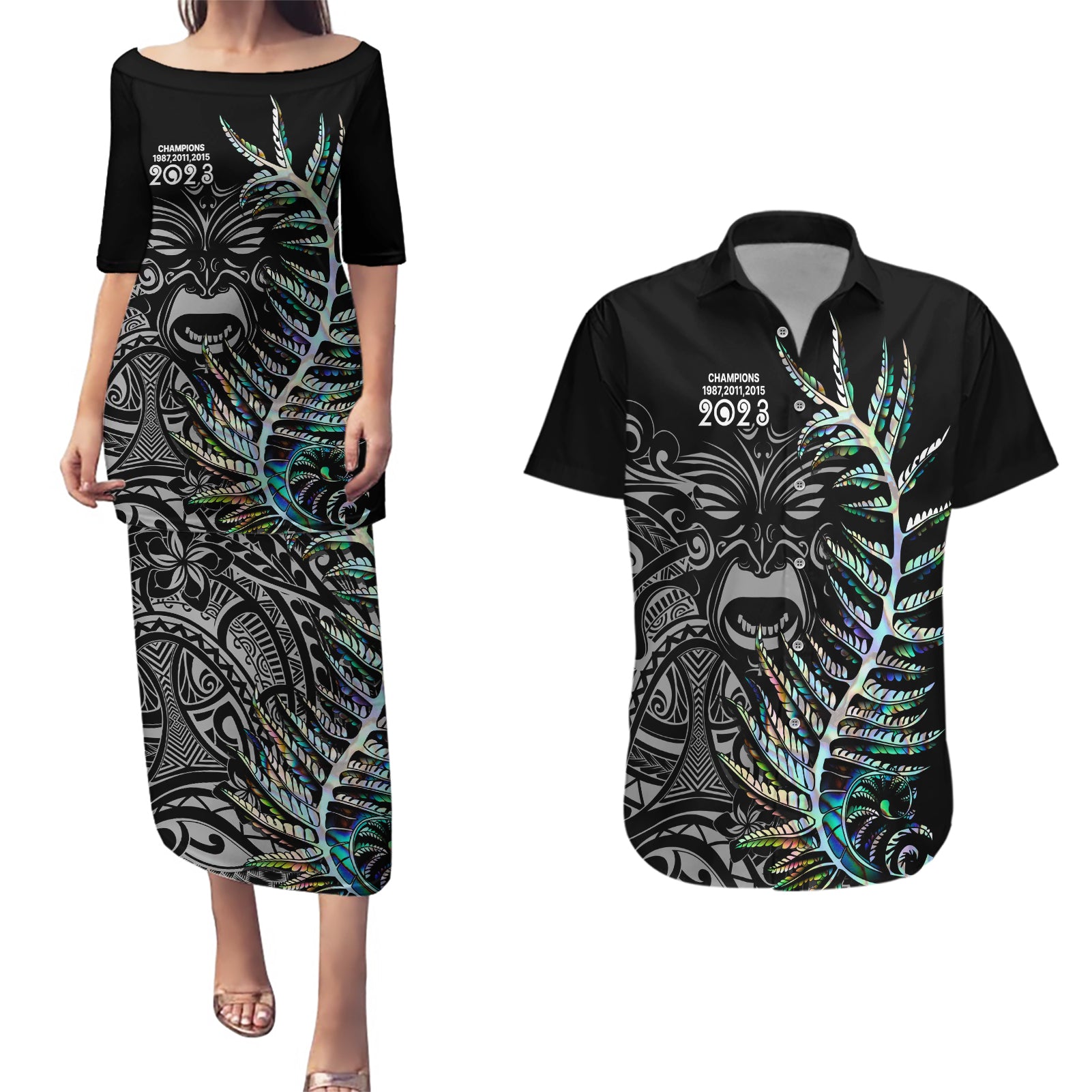new-zealand-rugby-couples-matching-puletasi-dress-and-hawaiian-shirt-nz-black-fern-champions-history-with-papua-shell