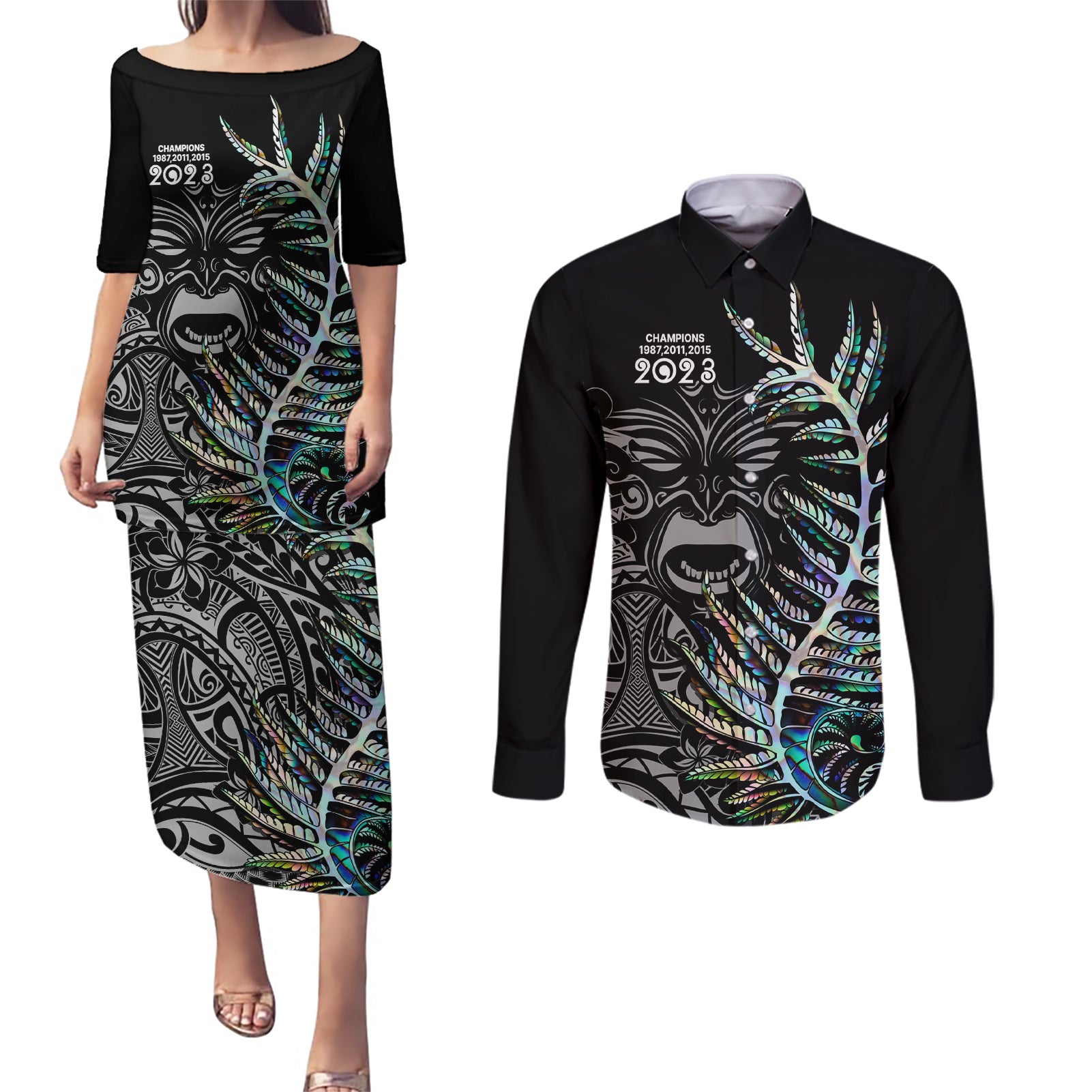new-zealand-rugby-couples-matching-puletasi-dress-and-long-sleeve-button-shirt-nz-black-fern-champions-history-with-papua-shell