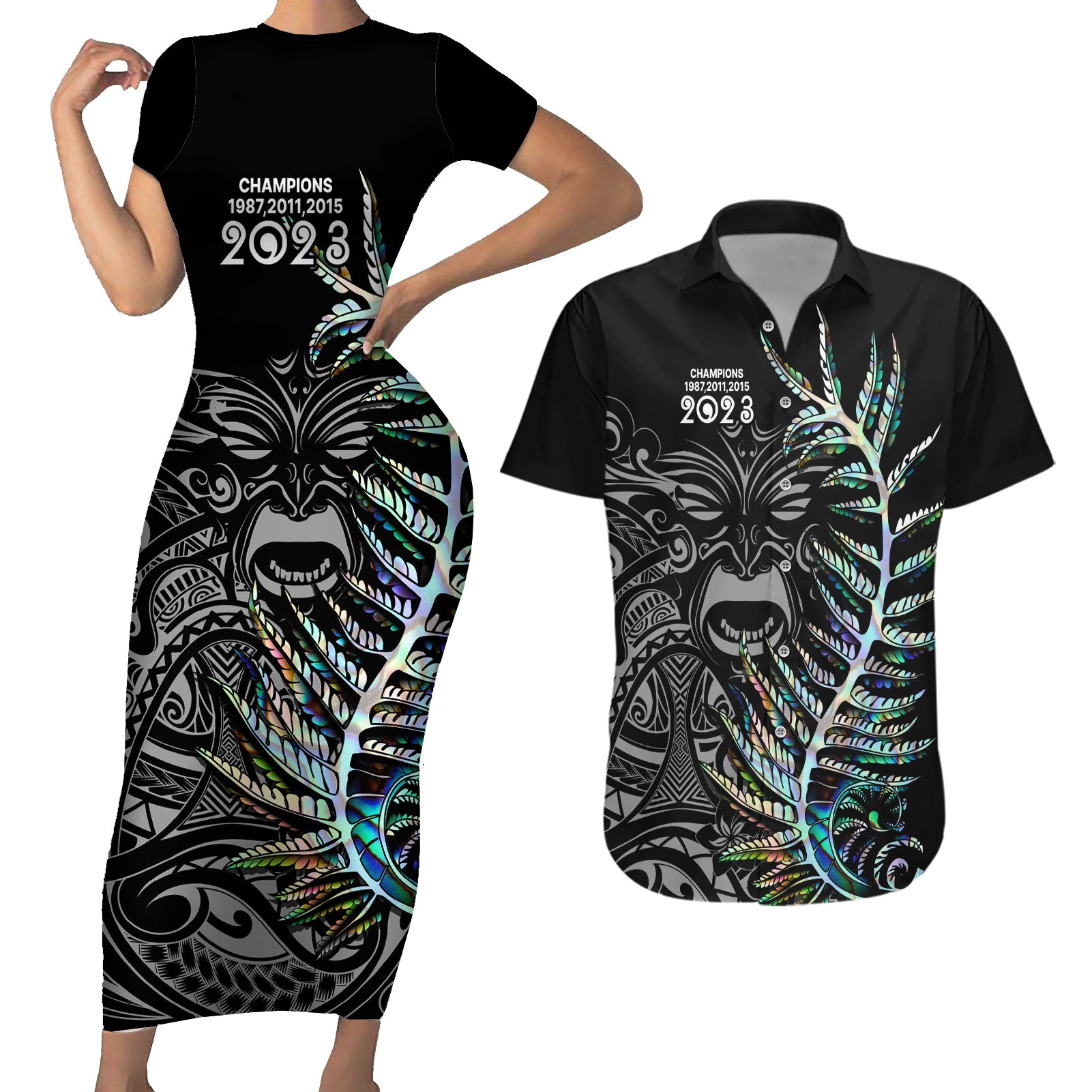 new-zealand-rugby-couples-matching-short-sleeve-bodycon-dress-and-hawaiian-shirt-nz-black-fern-champions-history-with-papua-shell