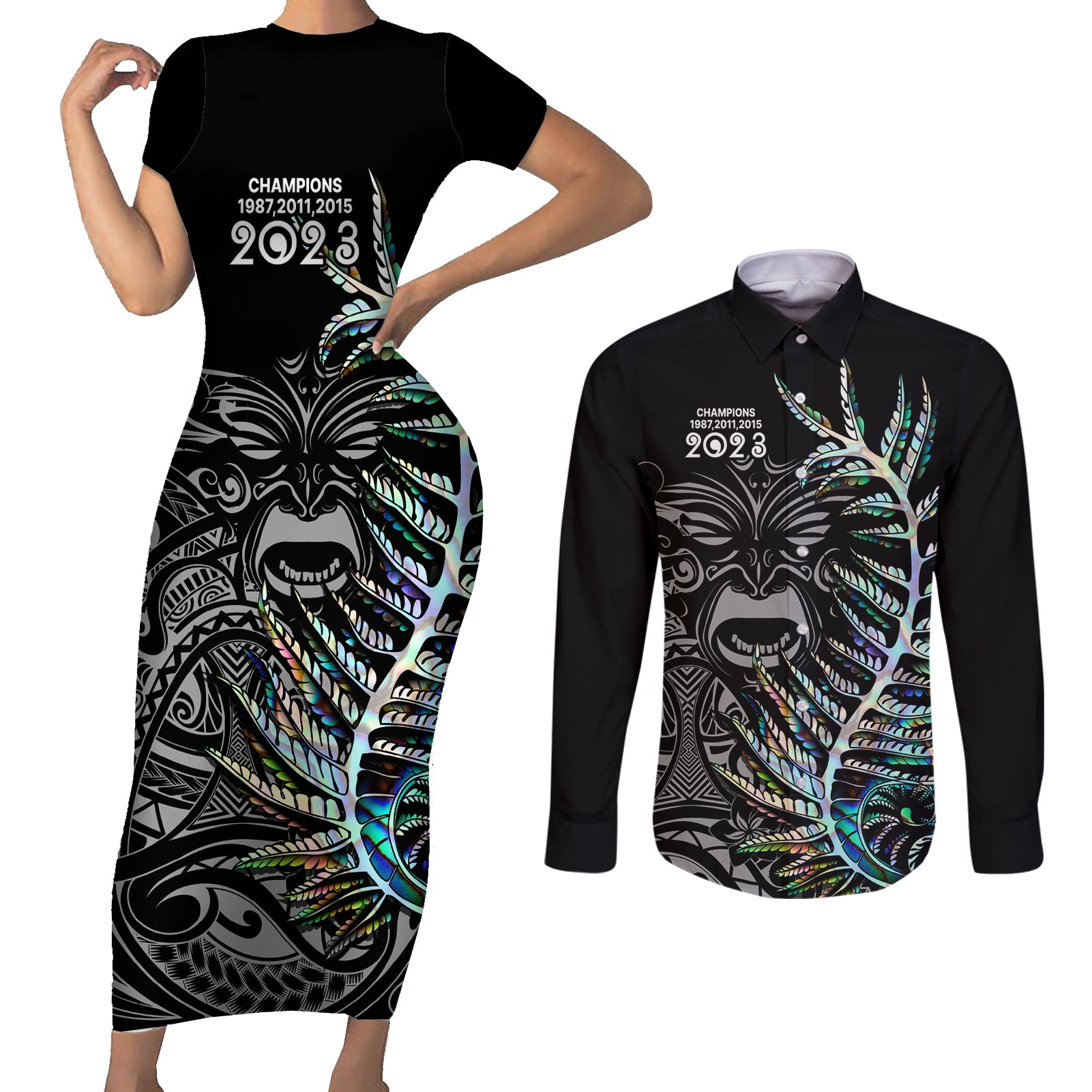 new-zealand-rugby-couples-matching-short-sleeve-bodycon-dress-and-long-sleeve-button-shirt-nz-black-fern-champions-history-with-papua-shell
