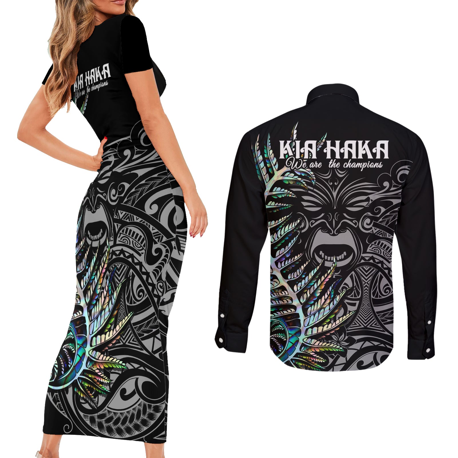 new-zealand-rugby-couples-matching-short-sleeve-bodycon-dress-and-long-sleeve-button-shirt-nz-black-fern-champions-history-with-papua-shell