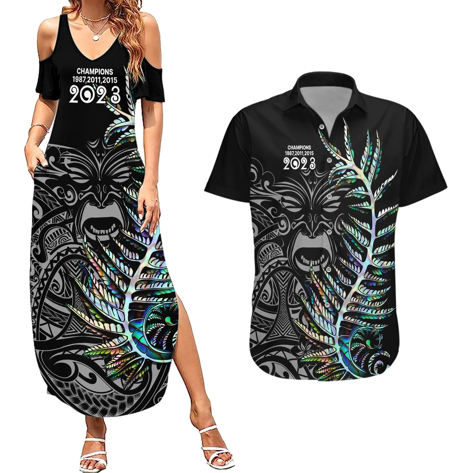 new-zealand-rugby-couples-matching-summer-maxi-dress-and-hawaiian-shirt-nz-black-fern-champions-history-with-papua-shell