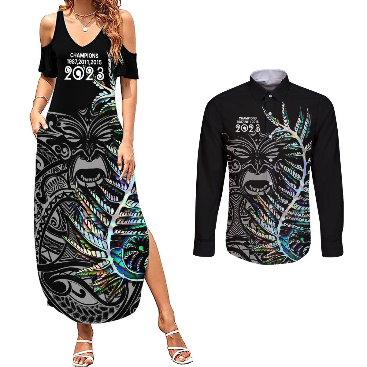 new-zealand-rugby-couples-matching-summer-maxi-dress-and-long-sleeve-button-shirt-nz-black-fern-champions-history-with-papua-shell