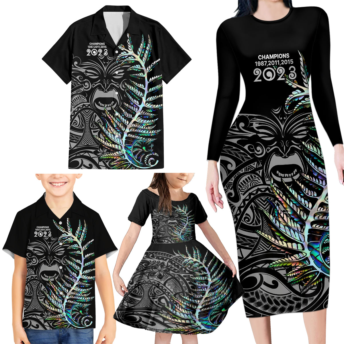 new-zealand-rugby-family-matching-long-sleeve-bodycon-dress-and-hawaiian-shirt-nz-black-fern-champions-history-with-papua-shell