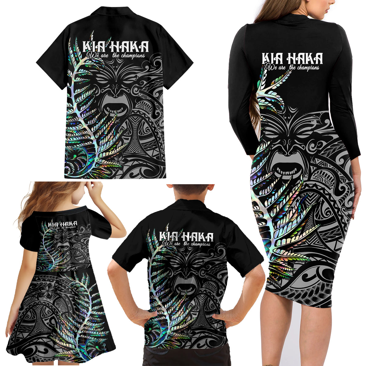 new-zealand-rugby-family-matching-long-sleeve-bodycon-dress-and-hawaiian-shirt-nz-black-fern-champions-history-with-papua-shell