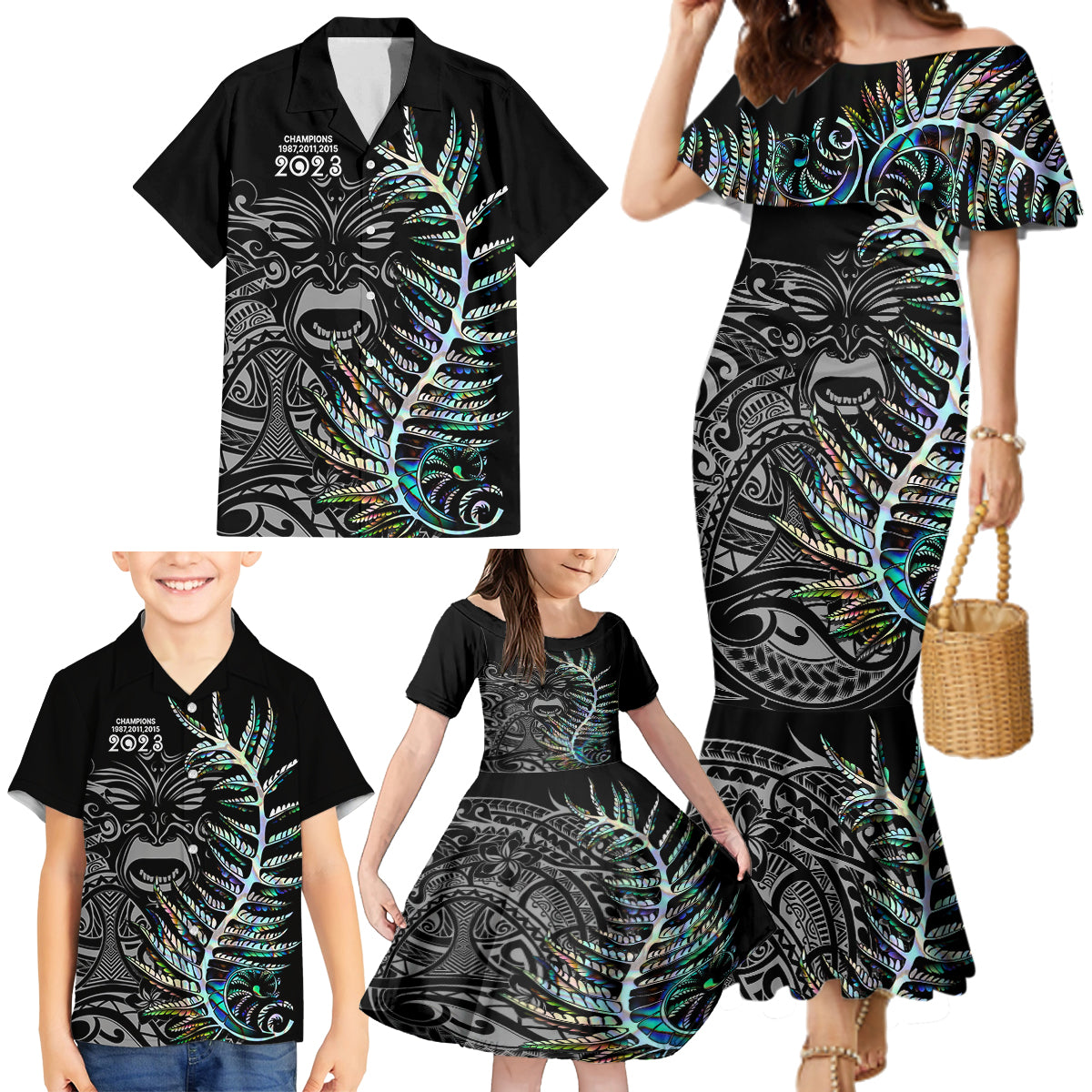 new-zealand-rugby-family-matching-mermaid-dress-and-hawaiian-shirt-nz-black-fern-champions-history-with-papua-shell