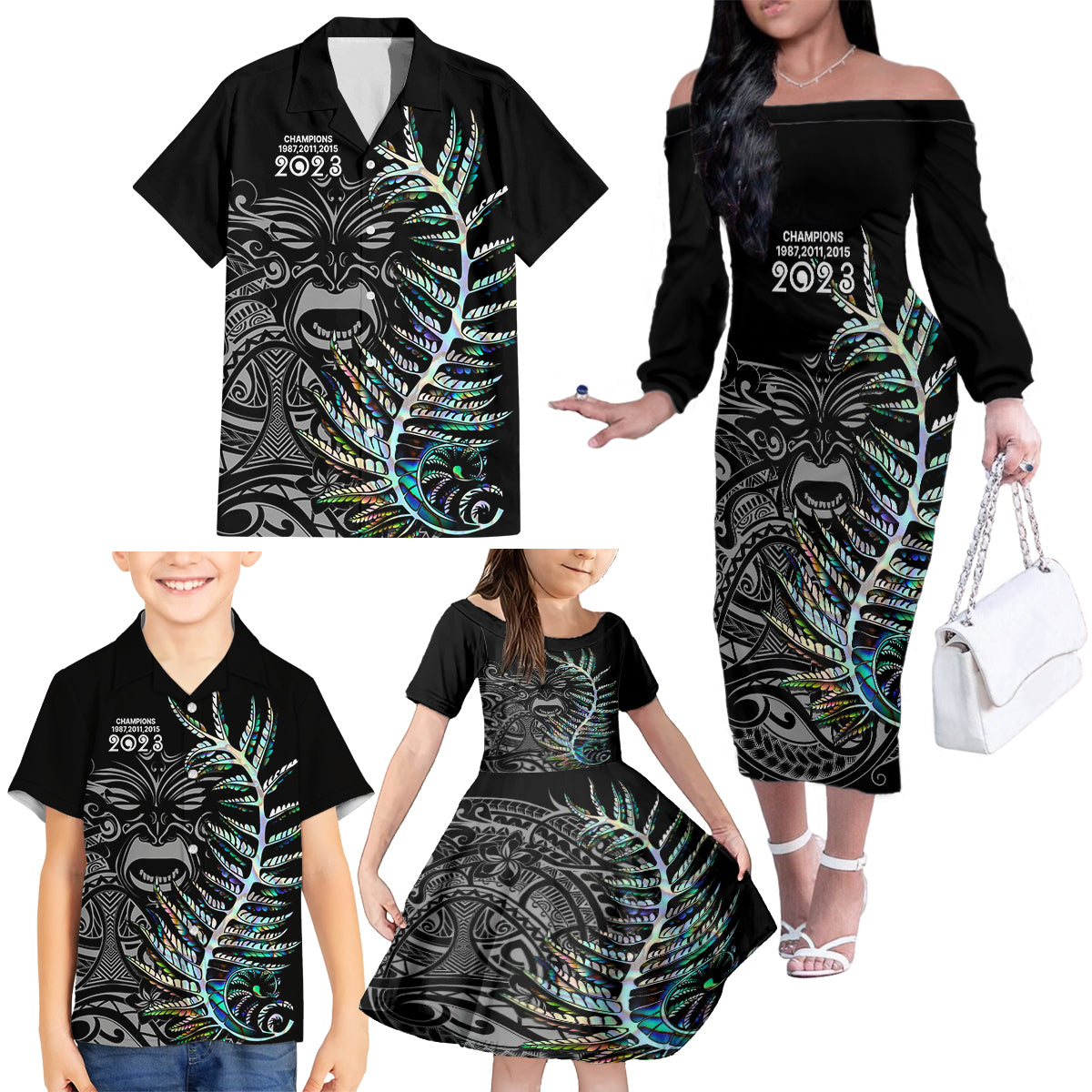 new-zealand-rugby-family-matching-off-shoulder-long-sleeve-dress-and-hawaiian-shirt-nz-black-fern-champions-history-with-papua-shell
