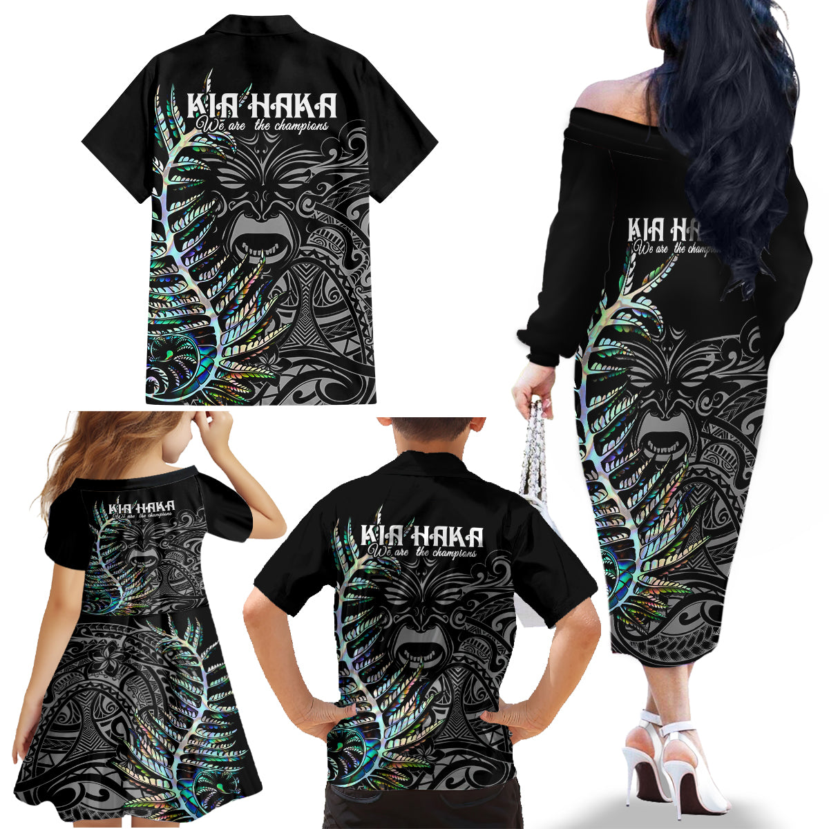 new-zealand-rugby-family-matching-off-shoulder-long-sleeve-dress-and-hawaiian-shirt-nz-black-fern-champions-history-with-papua-shell