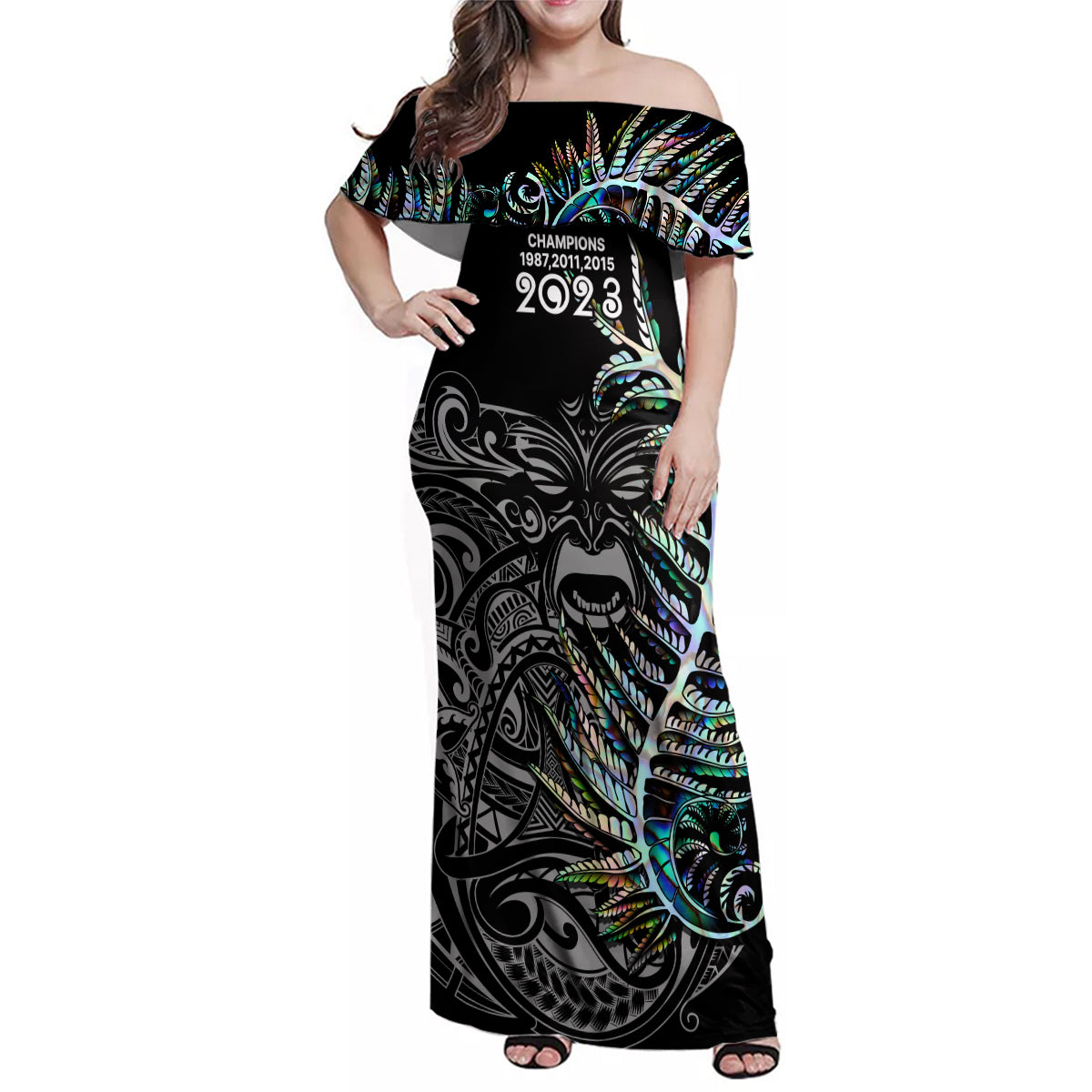 new-zealand-rugby-family-matching-off-shoulder-maxi-dress-and-hawaiian-shirt-nz-black-fern-champions-history-with-papua-shell