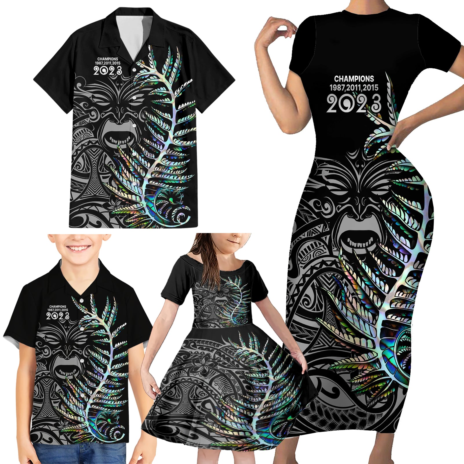 new-zealand-rugby-family-matching-short-sleeve-bodycon-dress-and-hawaiian-shirt-nz-black-fern-champions-history-with-papua-shell