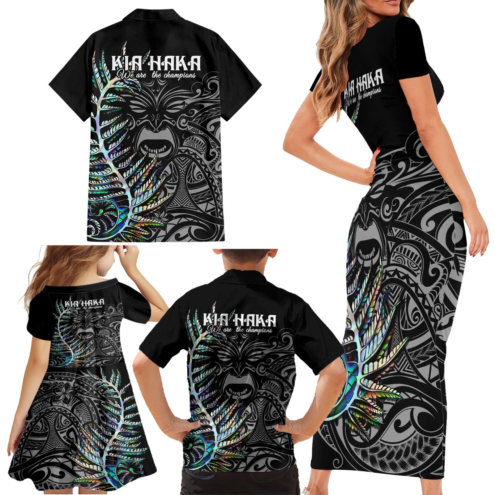 new-zealand-rugby-family-matching-short-sleeve-bodycon-dress-and-hawaiian-shirt-nz-black-fern-champions-history-with-papua-shell