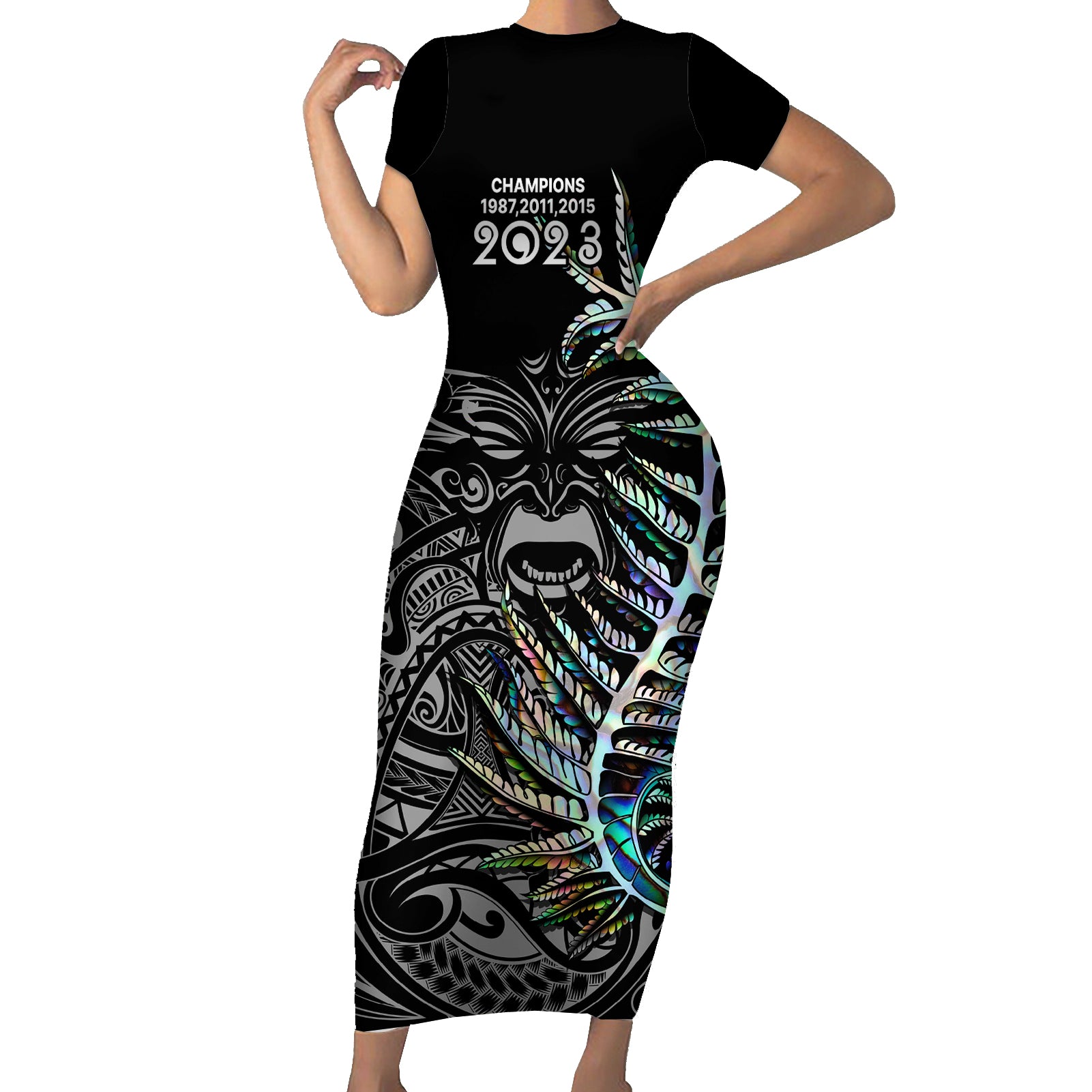new-zealand-rugby-family-matching-short-sleeve-bodycon-dress-and-hawaiian-shirt-nz-black-fern-champions-history-with-papua-shell