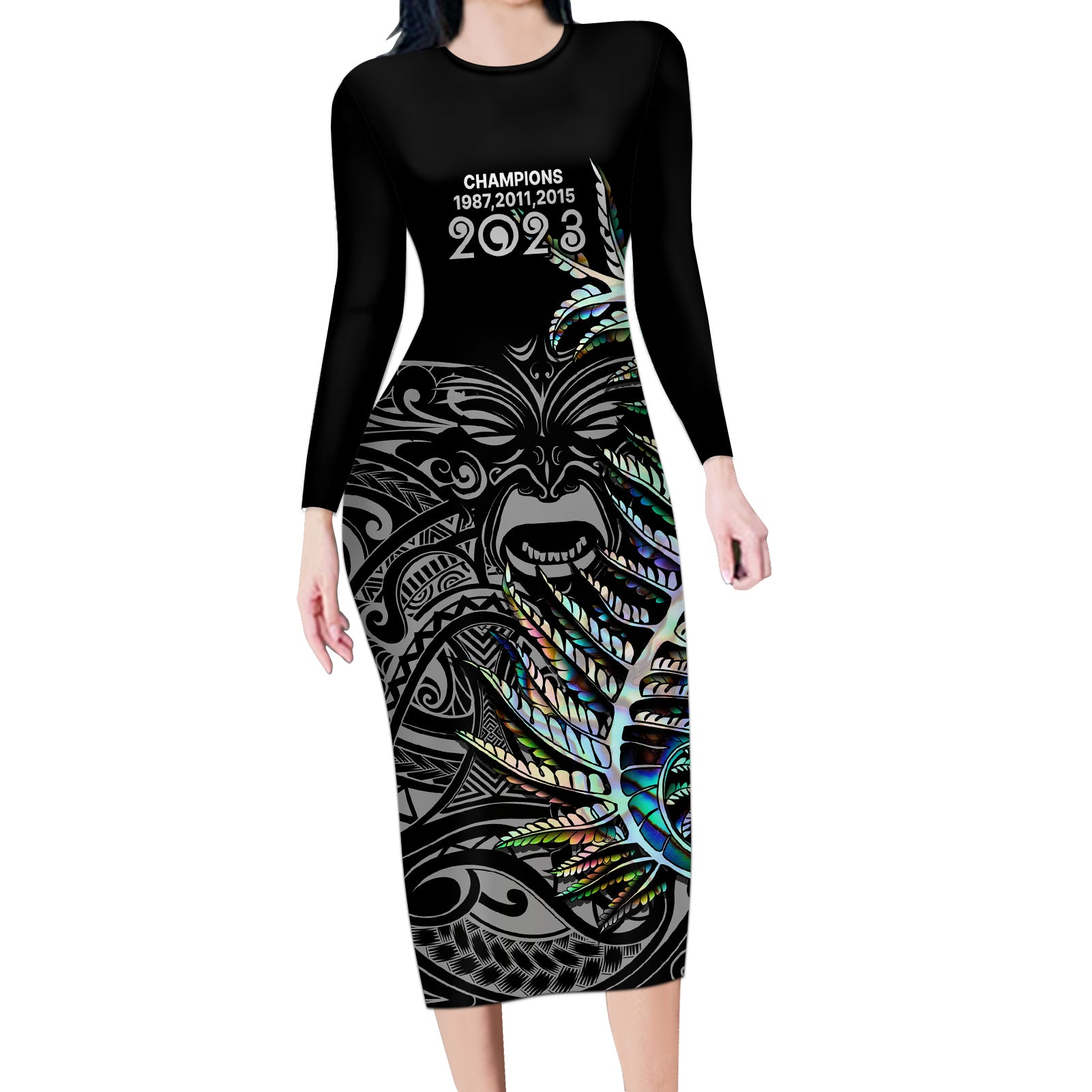 new-zealand-rugby-long-sleeve-bodycon-dress-nz-black-fern-champions-history-with-papua-shell