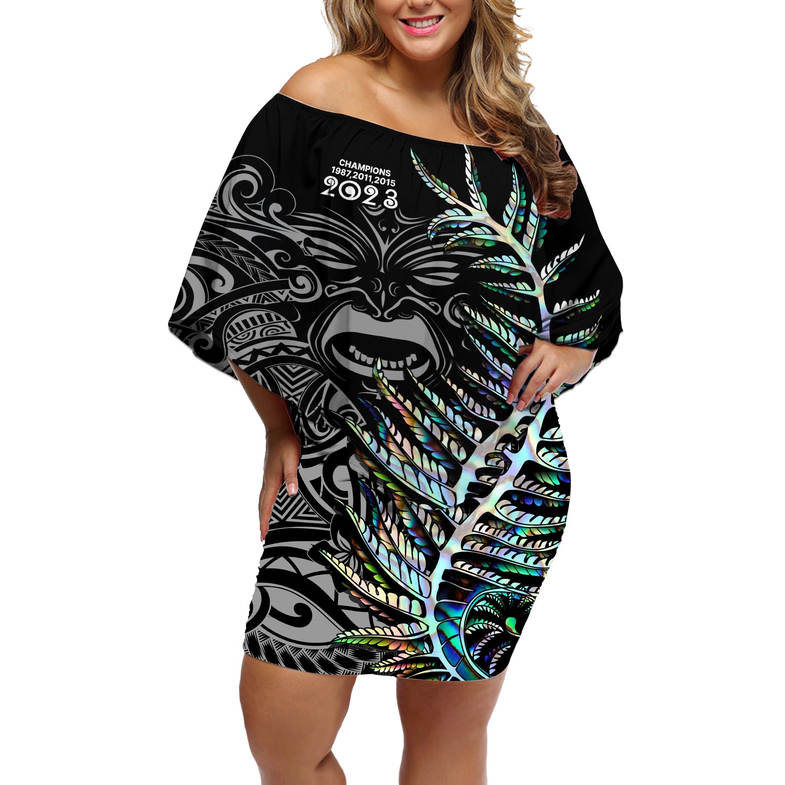 new-zealand-rugby-off-shoulder-short-dress-nz-black-fern-champions-history-with-papua-shell