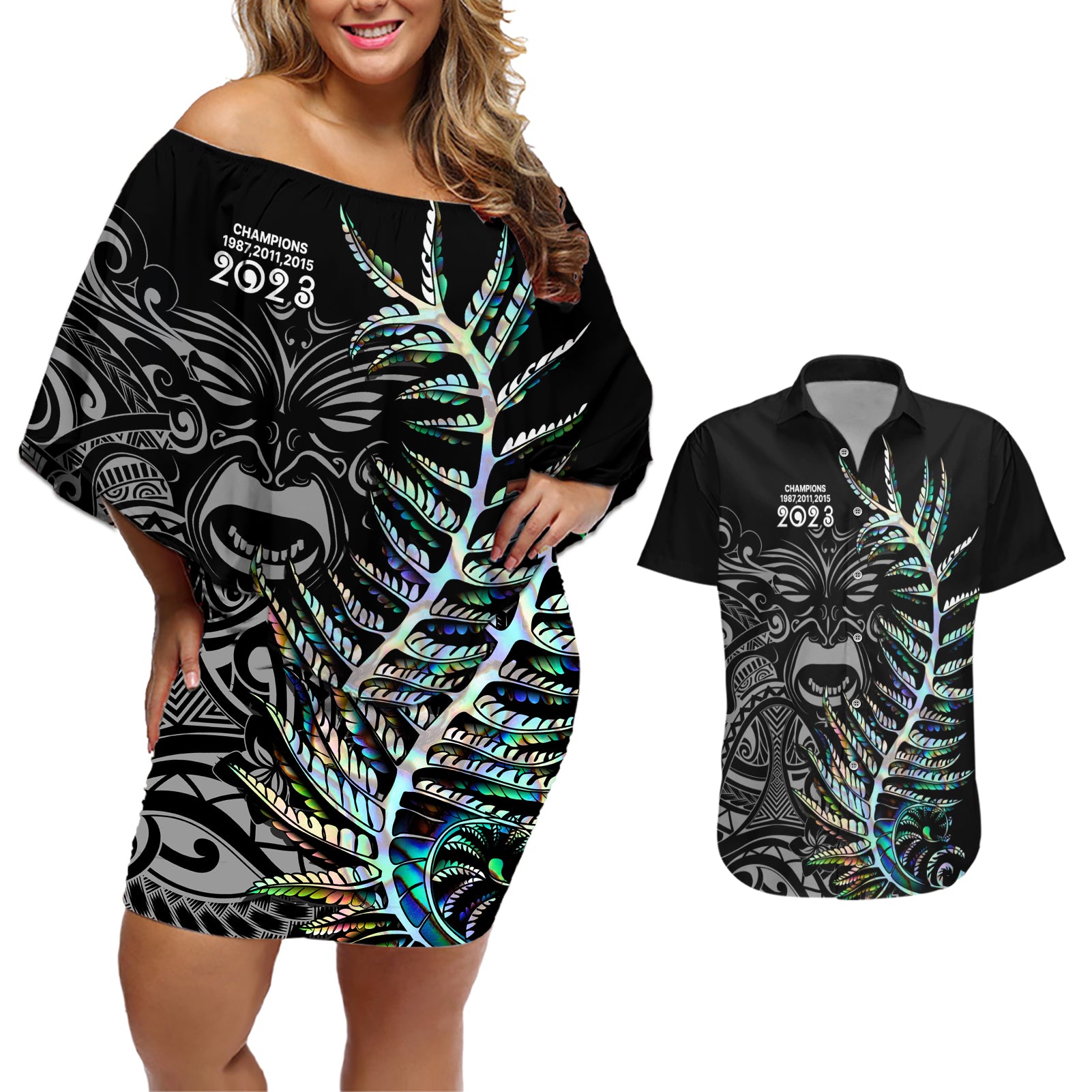 custom-new-zealand-rugby-couples-matching-off-shoulder-short-dress-and-hawaiian-shirt-nz-black-fern-champions-history-with-papua-shell