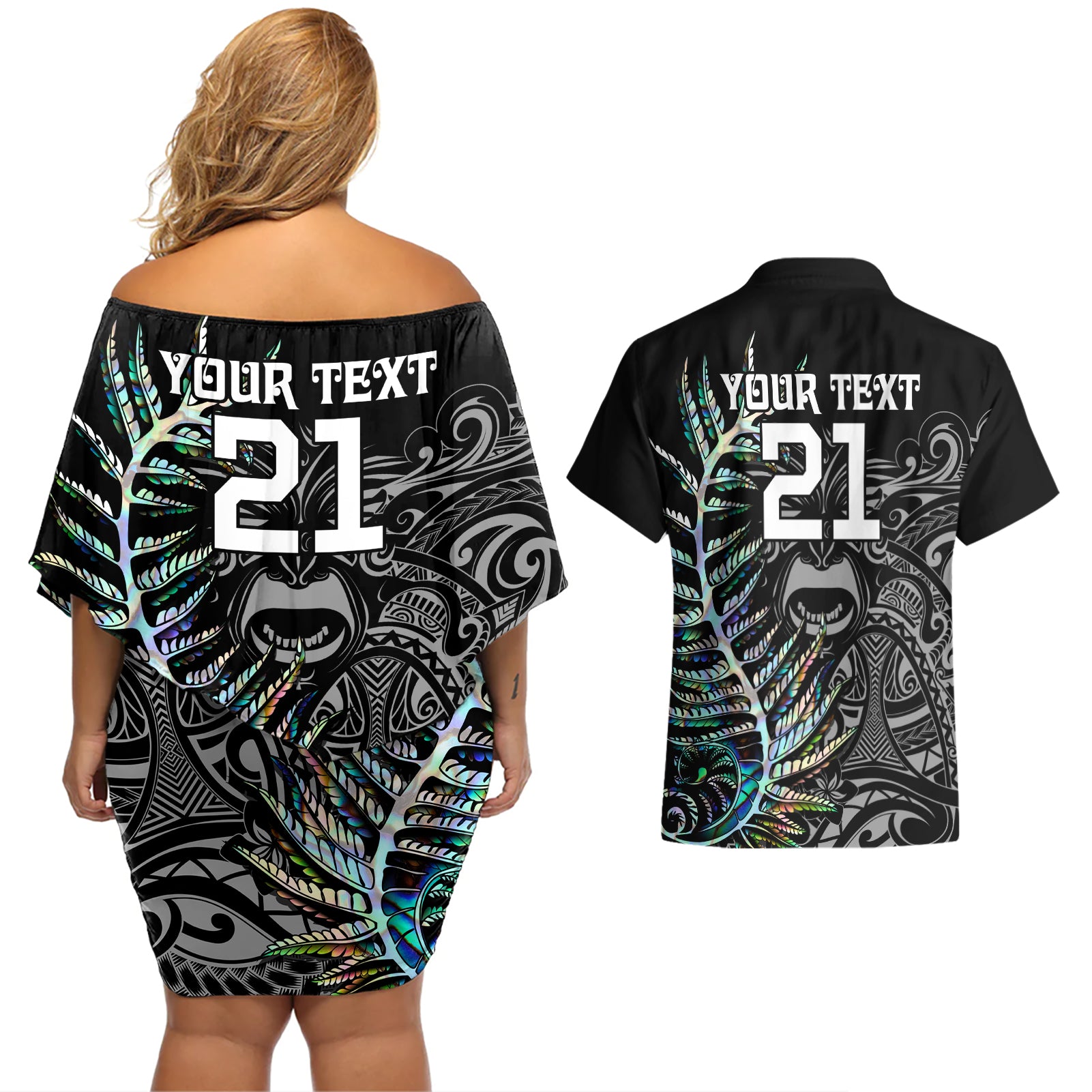 custom-new-zealand-rugby-couples-matching-off-shoulder-short-dress-and-hawaiian-shirt-nz-black-fern-champions-history-with-papua-shell