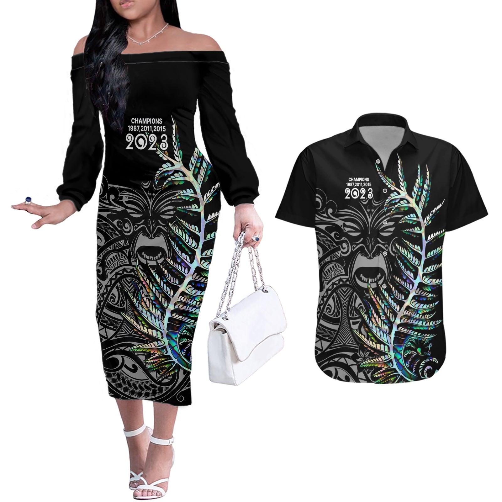 custom-new-zealand-rugby-couples-matching-off-the-shoulder-long-sleeve-dress-and-hawaiian-shirt-nz-black-fern-champions-history-with-papua-shell