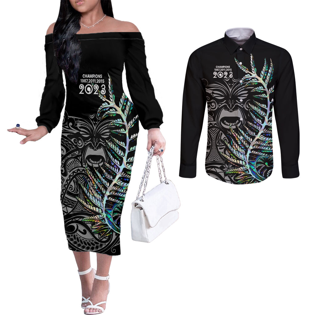 custom-new-zealand-rugby-couples-matching-off-the-shoulder-long-sleeve-dress-and-long-sleeve-button-shirt-nz-black-fern-champions-history-with-papua-shell