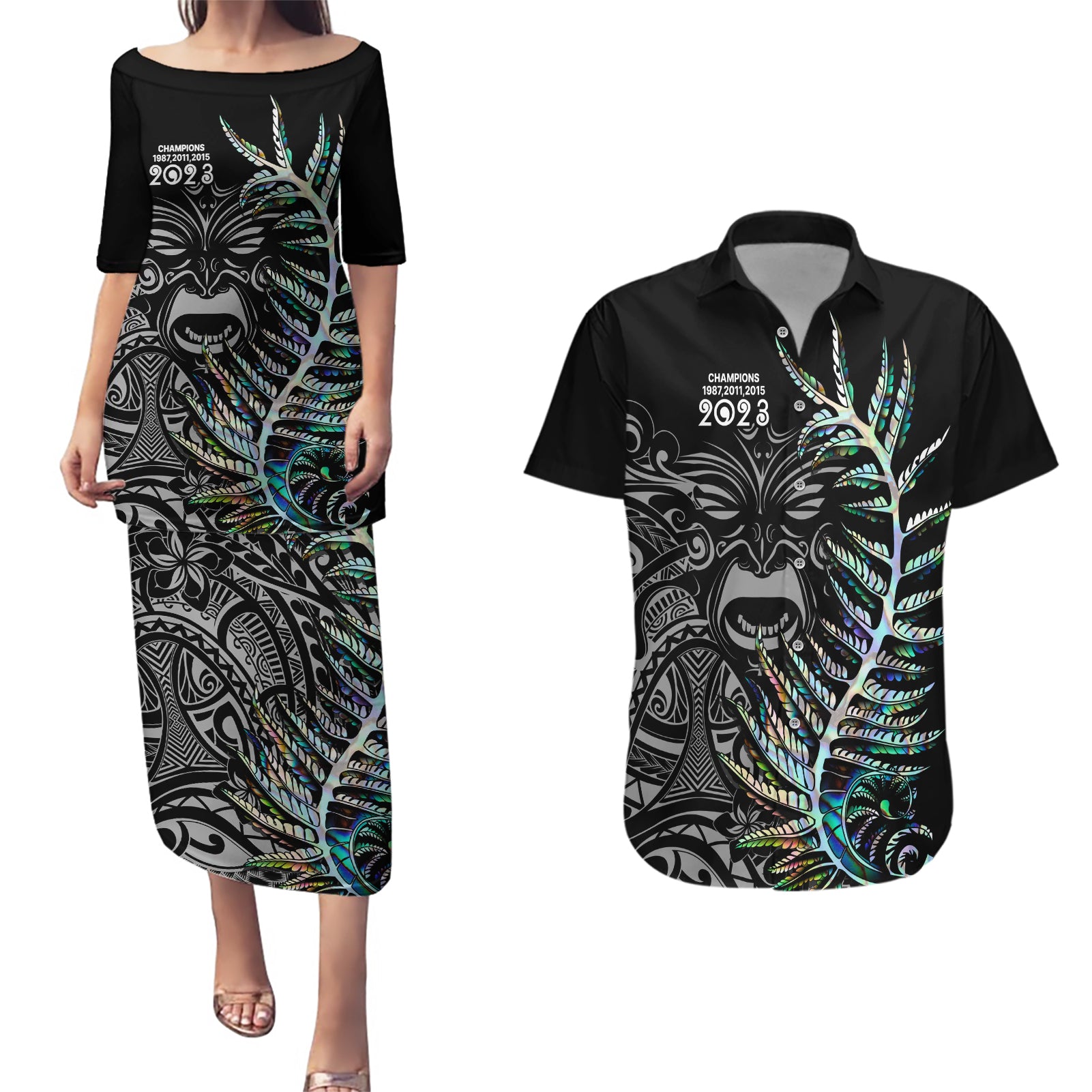 custom-new-zealand-rugby-couples-matching-puletasi-dress-and-hawaiian-shirt-nz-black-fern-champions-history-with-papua-shell