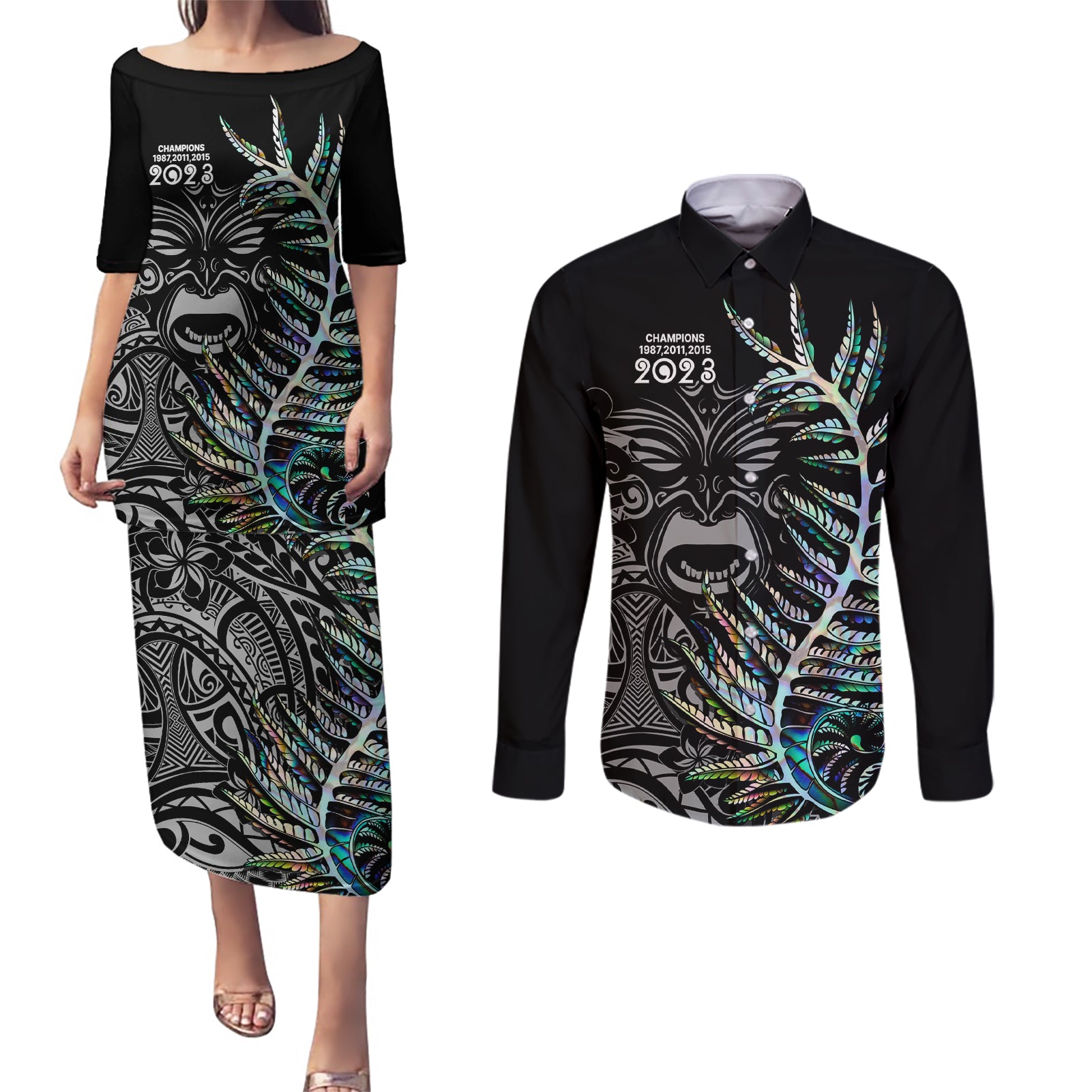 custom-new-zealand-rugby-couples-matching-puletasi-dress-and-long-sleeve-button-shirt-nz-black-fern-champions-history-with-papua-shell