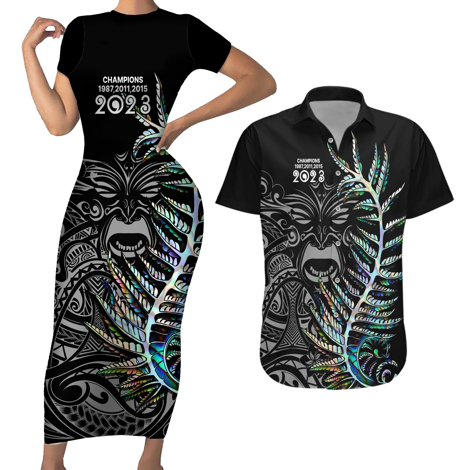 custom-new-zealand-rugby-couples-matching-short-sleeve-bodycon-dress-and-hawaiian-shirt-nz-black-fern-champions-history-with-papua-shell