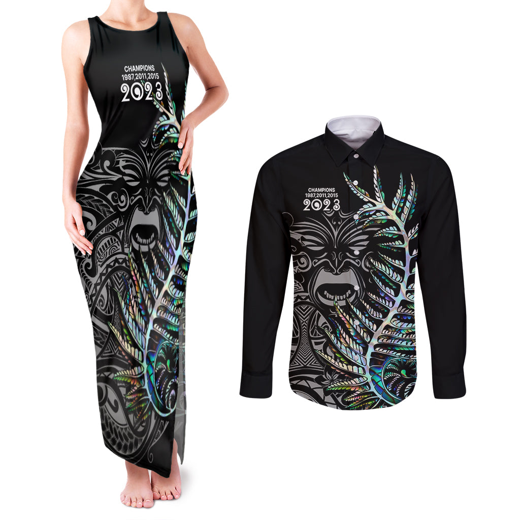 custom-new-zealand-rugby-couples-matching-tank-maxi-dress-and-long-sleeve-button-shirt-nz-black-fern-champions-history-with-papua-shell