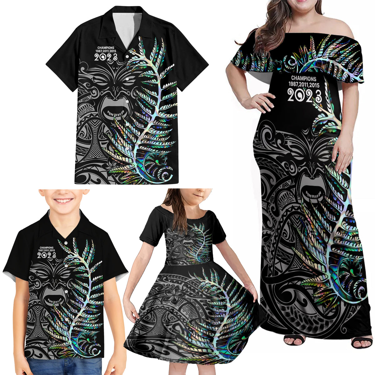 custom-new-zealand-rugby-family-matching-off-shoulder-maxi-dress-and-hawaiian-shirt-nz-black-fern-champions-history-with-papua-shell