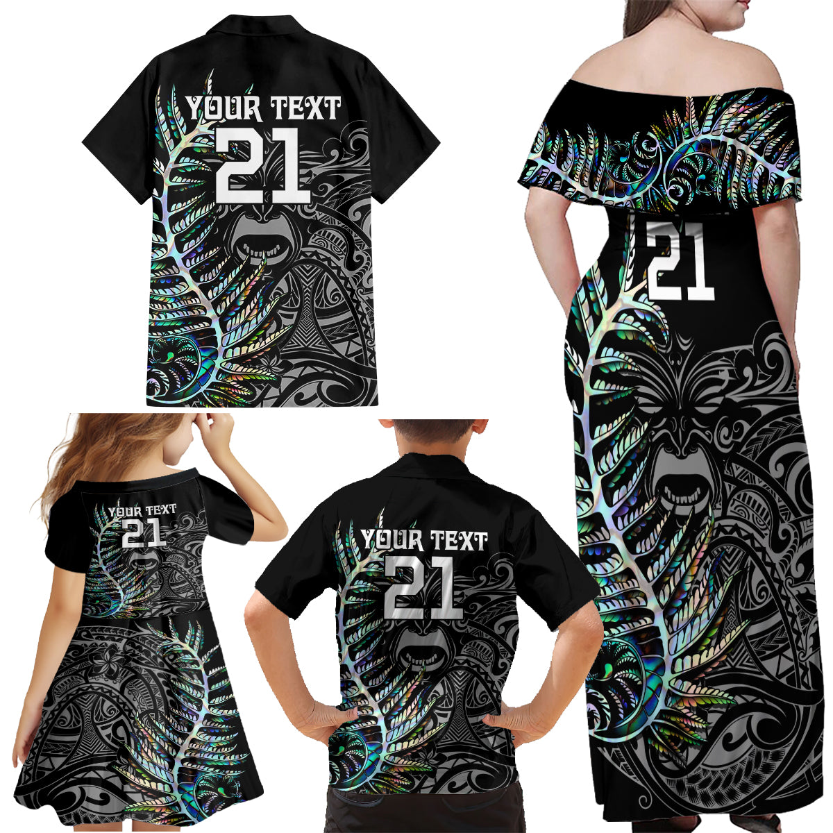 custom-new-zealand-rugby-family-matching-off-shoulder-maxi-dress-and-hawaiian-shirt-nz-black-fern-champions-history-with-papua-shell