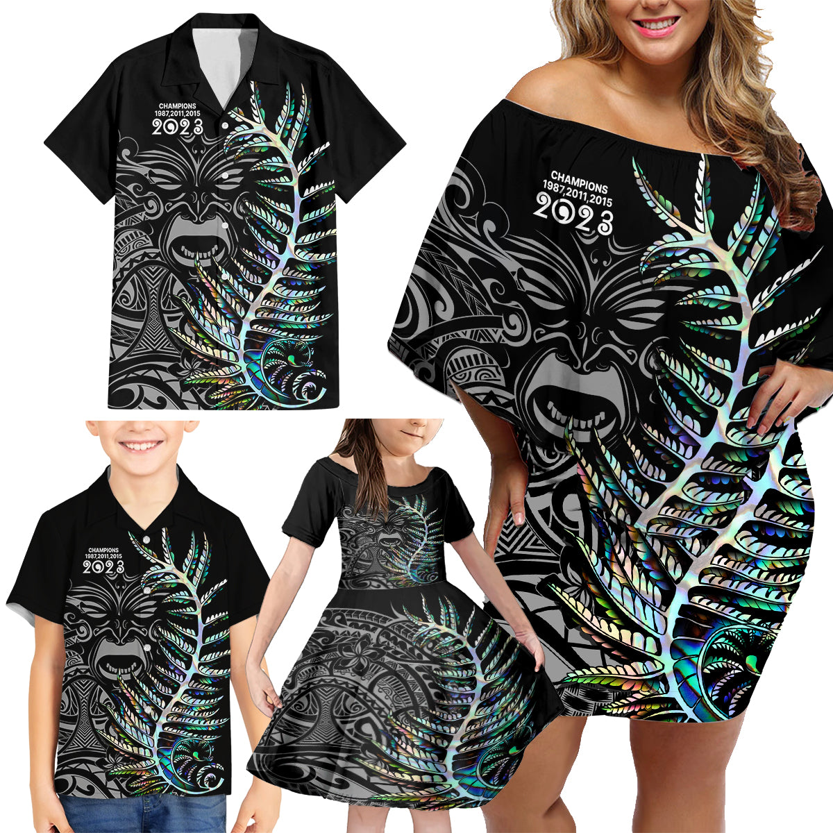 custom-new-zealand-rugby-family-matching-off-shoulder-short-dress-and-hawaiian-shirt-nz-black-fern-champions-history-with-papua-shell