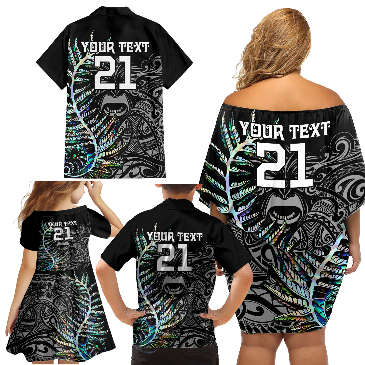 custom-new-zealand-rugby-family-matching-off-shoulder-short-dress-and-hawaiian-shirt-nz-black-fern-champions-history-with-papua-shell