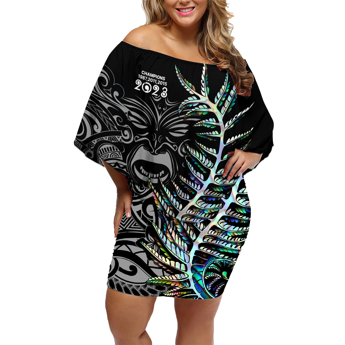 custom-new-zealand-rugby-family-matching-off-shoulder-short-dress-and-hawaiian-shirt-nz-black-fern-champions-history-with-papua-shell