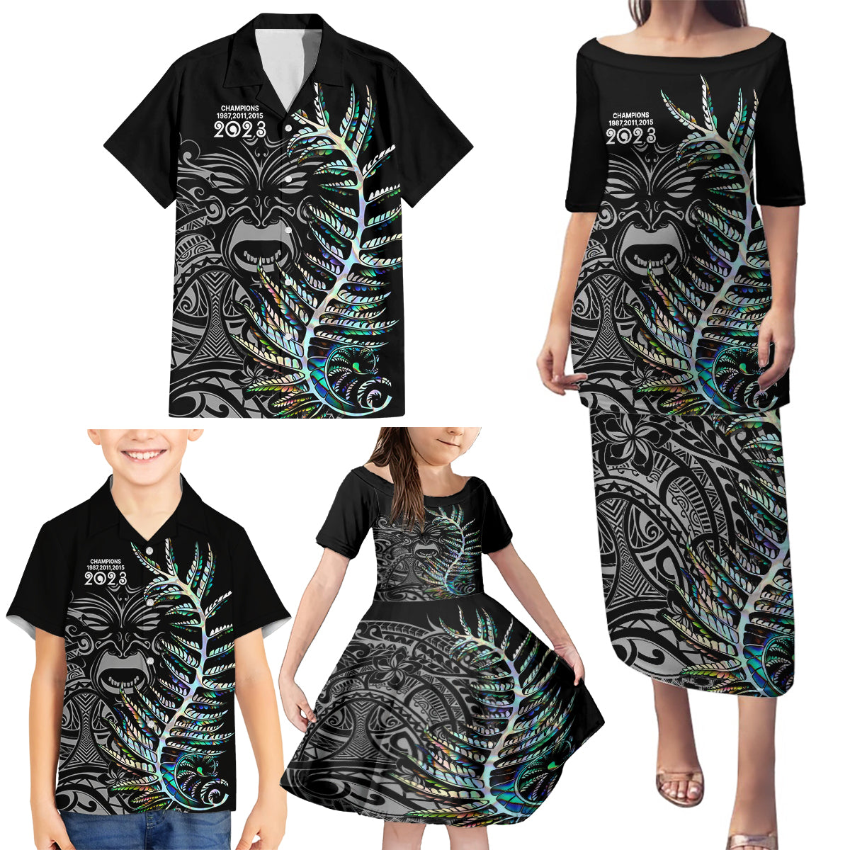 custom-new-zealand-rugby-family-matching-puletasi-dress-and-hawaiian-shirt-nz-black-fern-champions-history-with-papua-shell