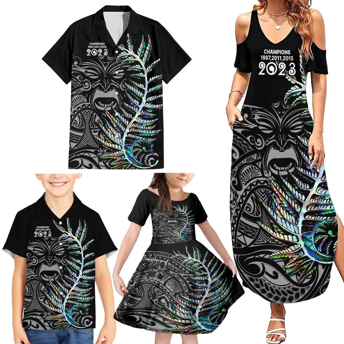 custom-new-zealand-rugby-family-matching-summer-maxi-dress-and-hawaiian-shirt-nz-black-fern-champions-history-with-papua-shell