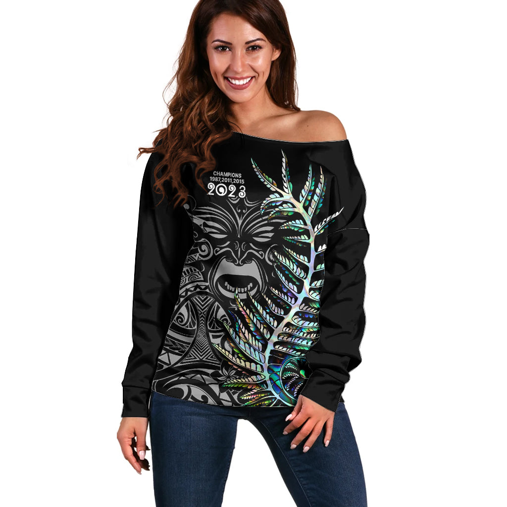 Custom New Zealand Rugby Off Shoulder Sweater NZ Black Fern Champions History With Papua Shell - Vibe Hoodie Shop