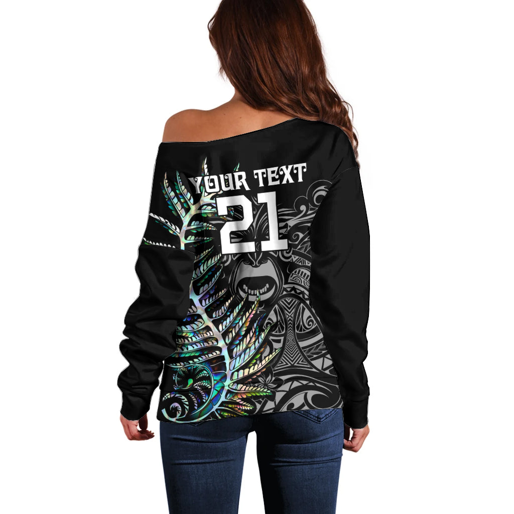 Custom New Zealand Rugby Off Shoulder Sweater NZ Black Fern Champions History With Papua Shell - Vibe Hoodie Shop