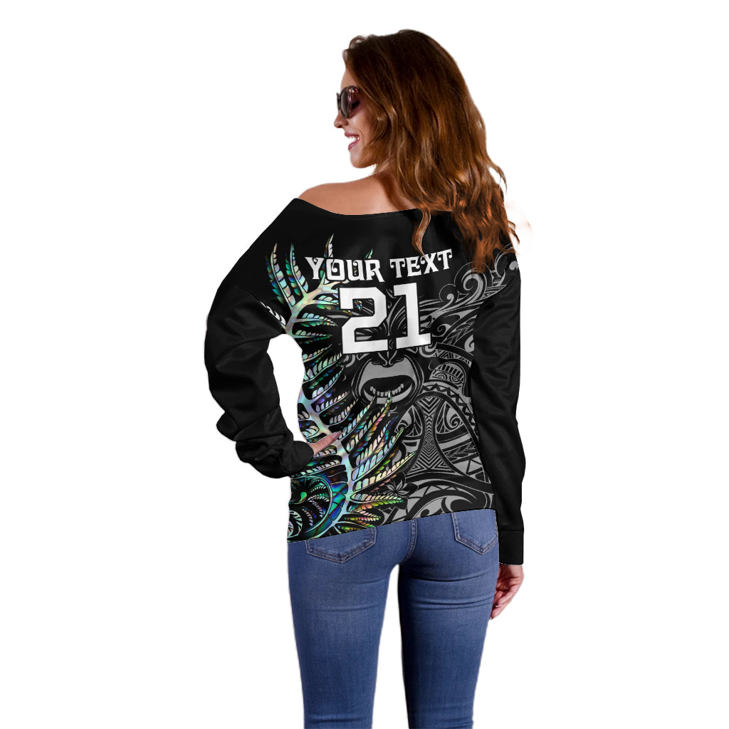 Custom New Zealand Rugby Off Shoulder Sweater NZ Black Fern Champions History With Papua Shell - Vibe Hoodie Shop