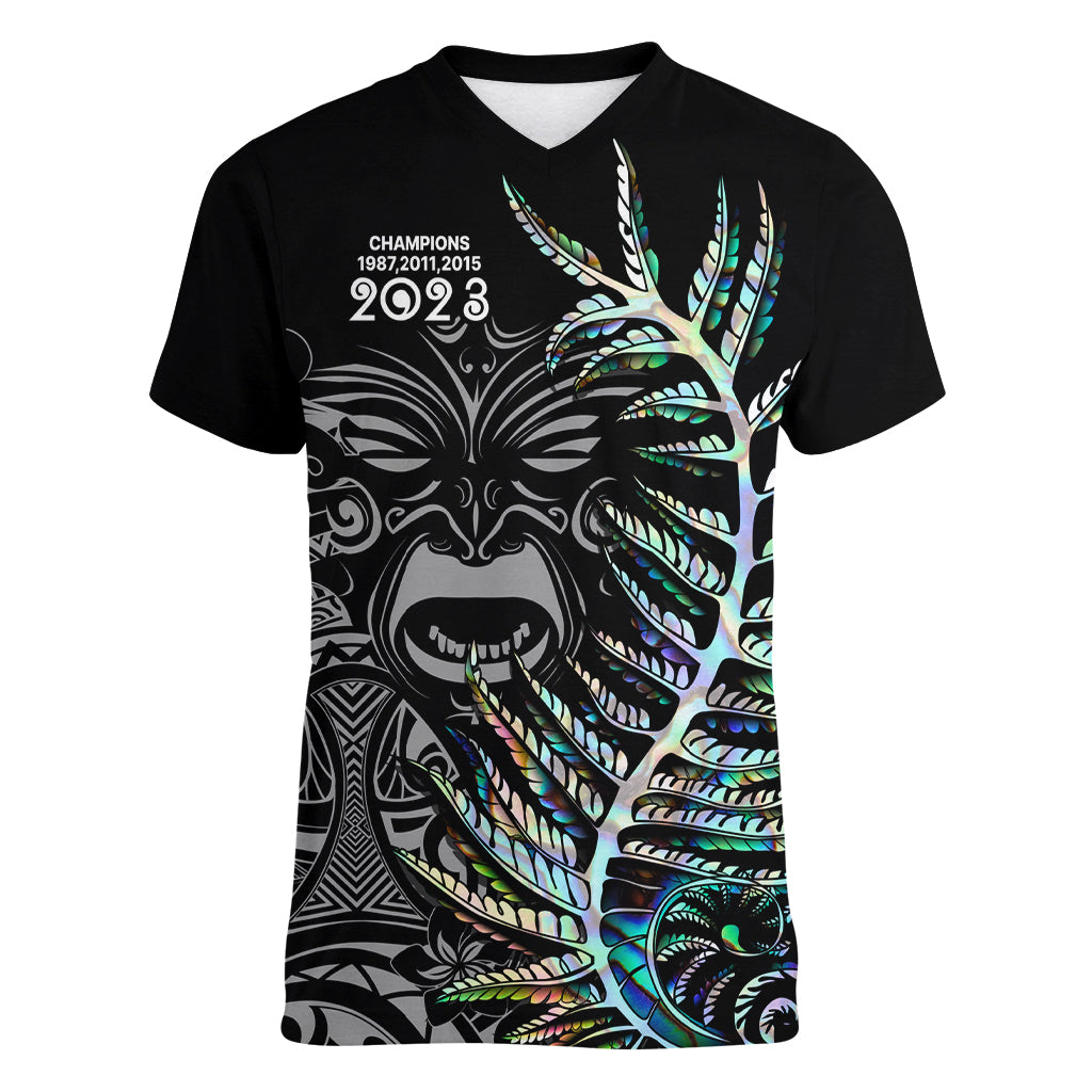 Custom New Zealand Rugby Women V Neck T Shirt NZ Black Fern Champions History With Papua Shell - Vibe Hoodie Shop