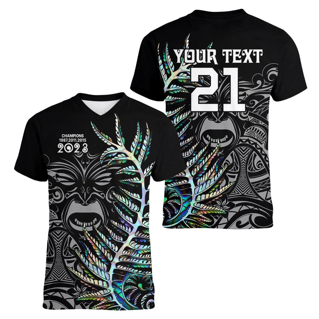 Custom New Zealand Rugby Women V Neck T Shirt NZ Black Fern Champions History With Papua Shell - Vibe Hoodie Shop