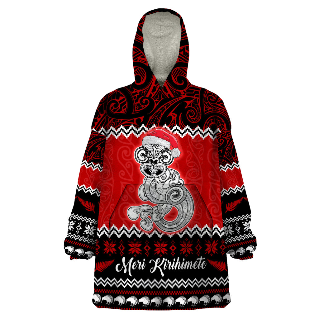 Personalised New Zealand Christmas Wearable Blanket Hoodie Maori Tiki Meri Kirihimete - Vibe Hoodie Shop